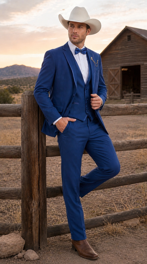 Men’s Blue Western Tuxedo Suit, 3 Piece Cowboy Formal Wedding Prom Suit with Satin Trim