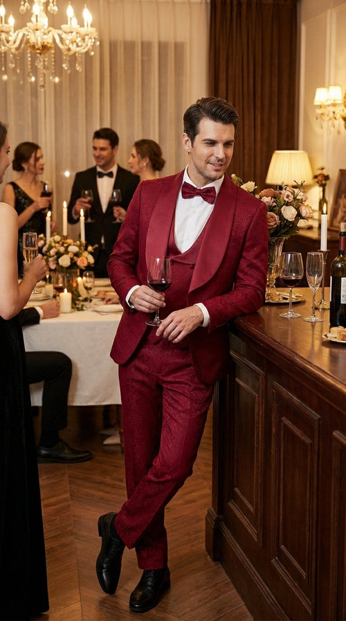 Mens Burgundy Wedding Tuxedo Suit β Paisley Three Piece Formal Suit Set with Shawl Lapel for Groom, Prom