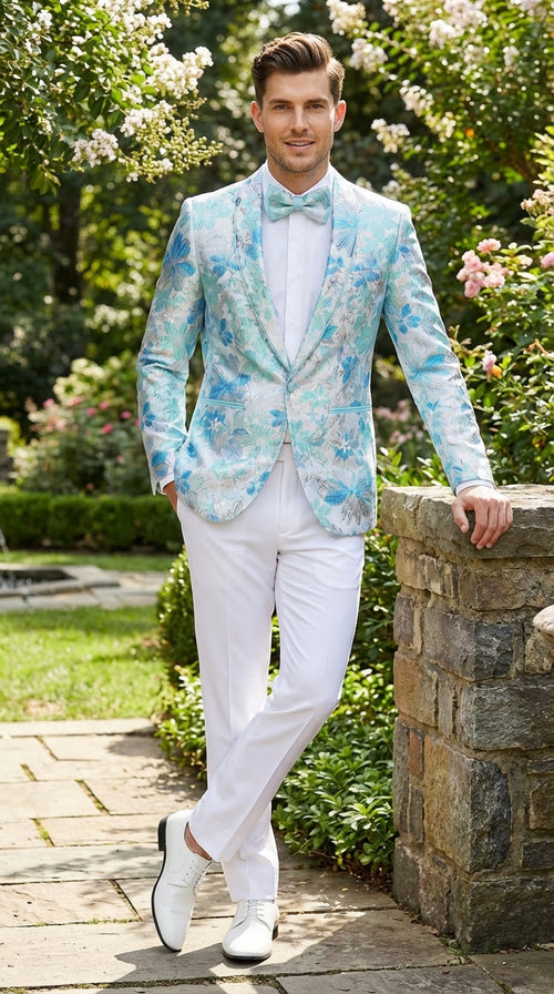 Mens Light Blue Floral Jacquard Tuxedo Jacket with Matching Bow Tie | Formal Prom Wedding Blazer + Bowtie Turqoise Aqua Color