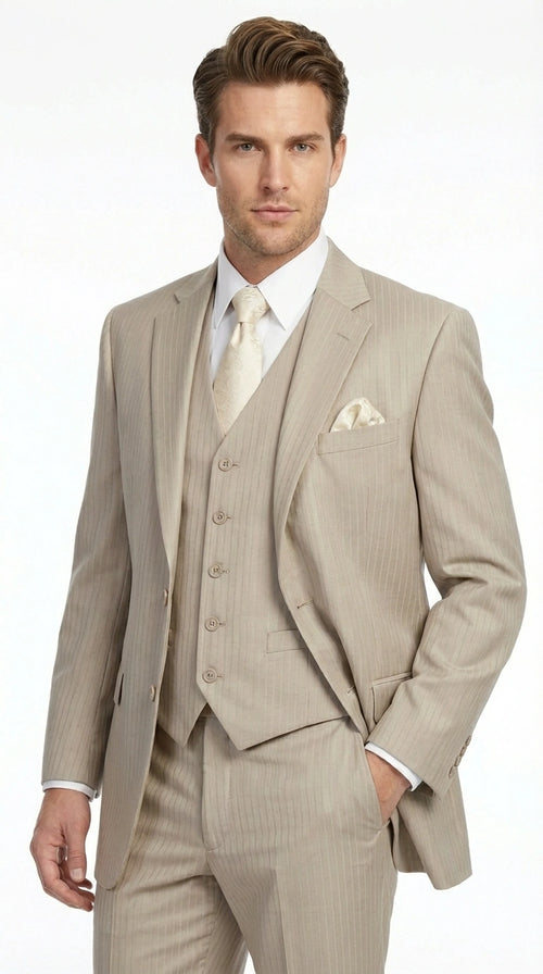 Men’s Tan Pinstripe Three Piece Suit – Classic Fit Pleated Pants Tan Sand Beige Wedding, Church Shadow Ton on Tone Business Suit for Men