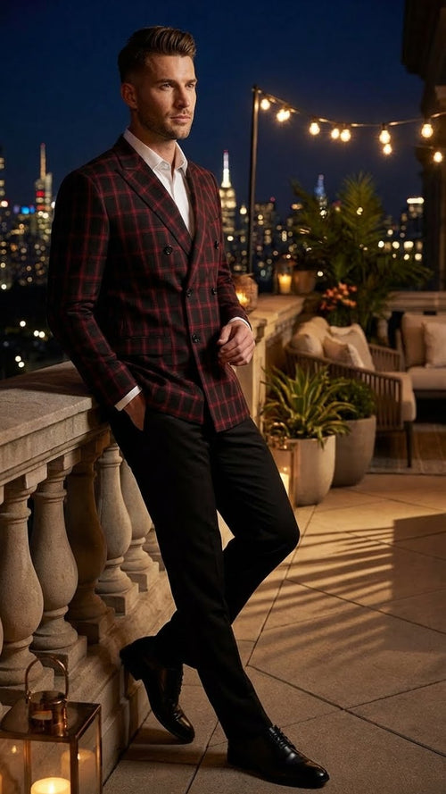 Mens Black and Red Check Double Breasted Blazer Sport Coat Jacket Windowpane Sportcoat Slim Fit