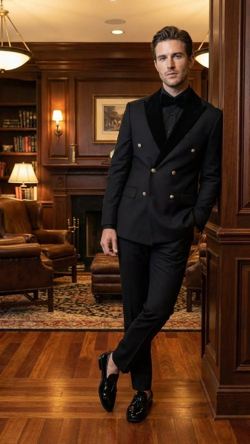 Mens Black Double Breasted Tuxedo Suit Luxury Formal Dinner Jacket Gold Buttons Velvet Lapel