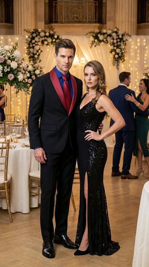 Men’s Black Suit with Burgundy Shawl Lapel – Formal Tuxedo Suit for Wedding, Prom and Evening Events + Bowtie & Tie