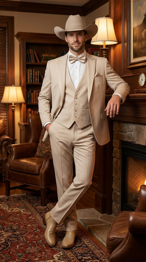 Mens Beige Tan Khaki CowboyTuxedo Suit Western Formal Three Piece Suit with Jacket Vest and Pants