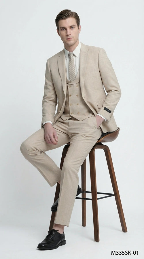 Mens Sand Beige 3 Piece Suit – Double breasted Vest Formal Suit Set and Dress Pants in Champaign Natural Summer Color
