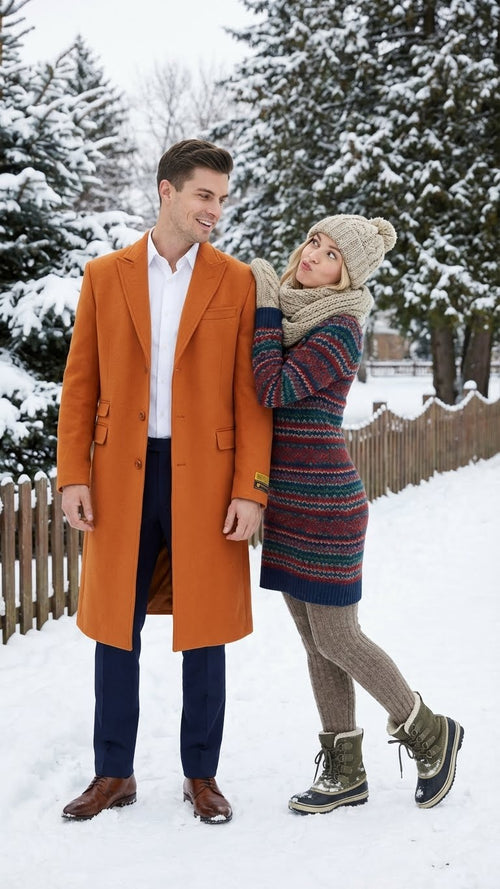 Mens Orange - Rust Wool Blend Long Overcoat Topcoat Carcoat Topcoat