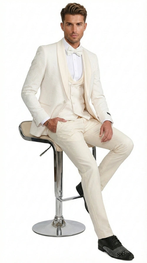 Men’s Ivory Paisley Tuxedo Suit 3 Piece – One Button Vested Satin Formal Suit for Wedding in Off white Cream Color