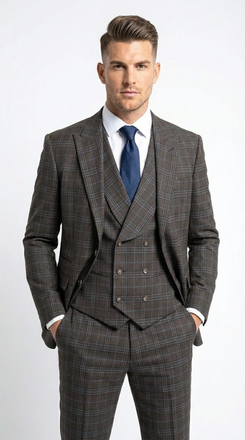 Vitali Men’s Brown Grey with blue Check 3 Piece Suit – Classic Plaid Formal Suit Set with Blazer, Vest & Trousers, Business Wedding Party Wear for Men Modern Fit