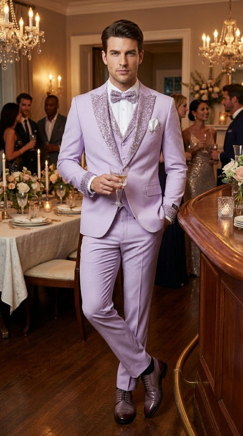 Men’s Lilac Suit with Silver Glitter Sequin Lapel – Lilac and Silver Formal Tuxedo Suit for Prom, Wedding Lavender Tuxedo
