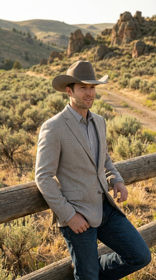 Mens Textured Light Grey Western Blazer – Cowboy Style Casual Sport Coat for Men Classic Western Jacket