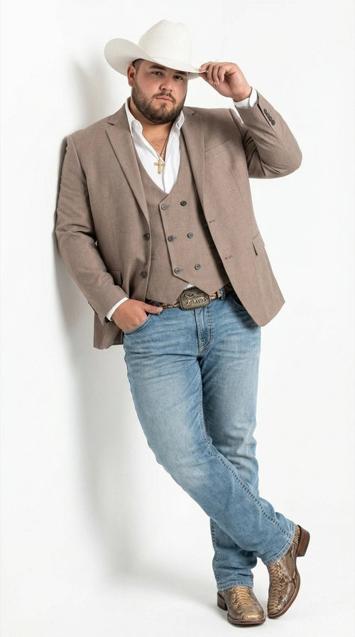 Mens Beige Cowboy Blazer with Double breasted Vest – Western Two Piece Suit Pants included
