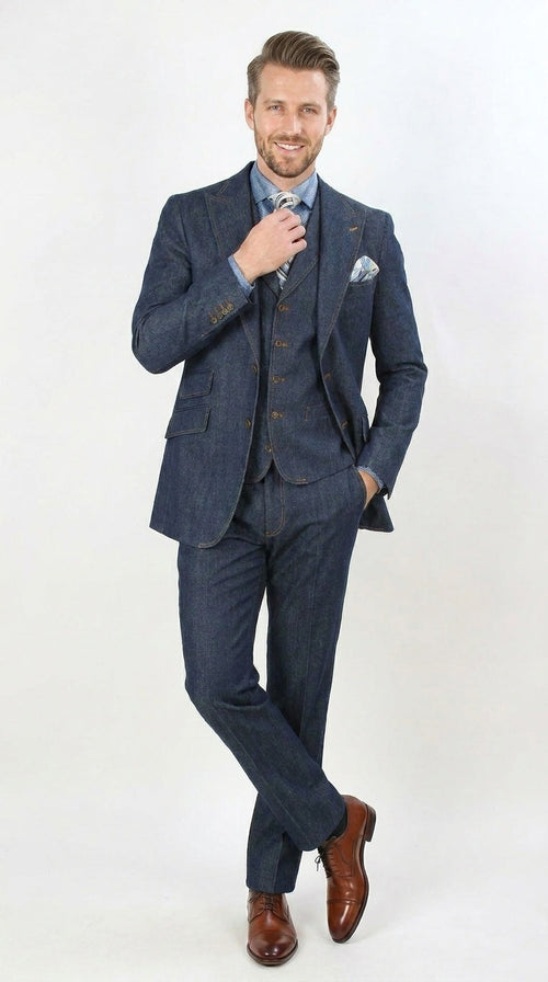 Men’s Pleated Pants Dark Blue Denim 3 Piece Suit – 100% Cotton Formal Suit Set, Blazer Vest Pants Outfit Classic Fit Athletic Fit Lose Fit