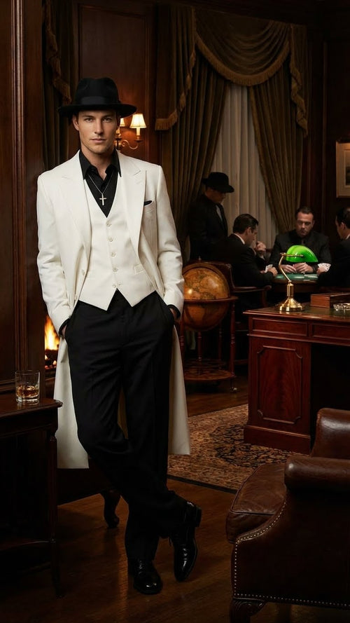 Mens White Long Zoot Suit Costume Set with Black Pants Wedding, Prom and Party Outfit 1920s - 1930s Gangster Style