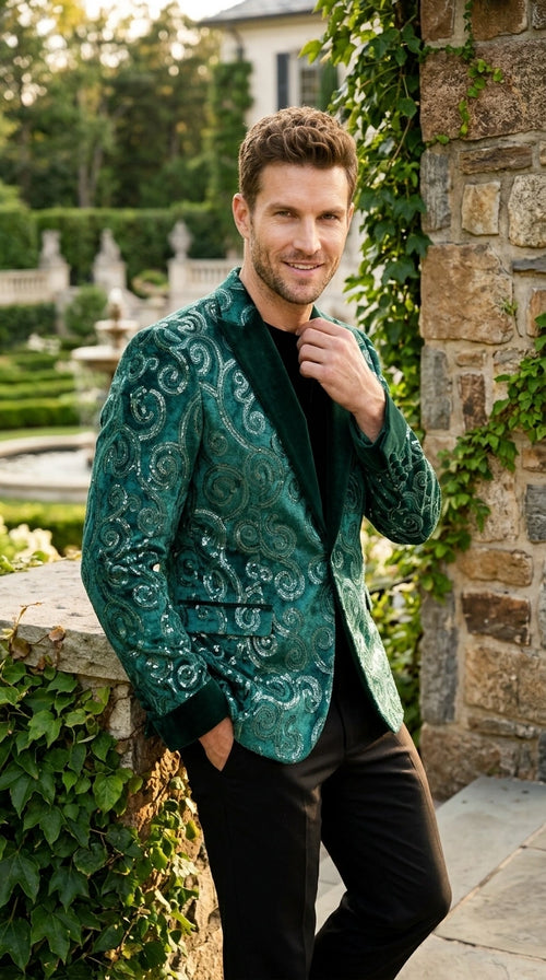 Men’s Emerald Green Paisley Tuxedo Dinner Jacket with Black Lapel, Formal Prom Wedding Party Blazer
