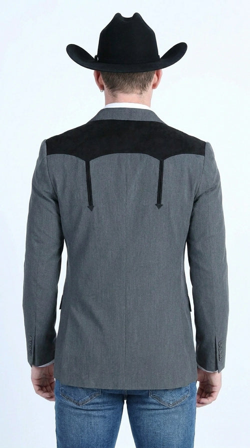 Men’s Dark Charcoal Western Blazer with Black Suede Yokes, Cowboy Sport Coat for Ranch Wedding and Country Events By Platini