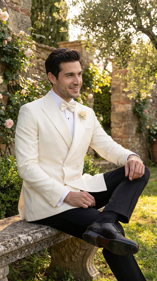 Men’s Ivory Double Breasted Dinner Jacket, Peak Lapel Formal Wedding Prom Tuxedo Blazer in cream off white color
