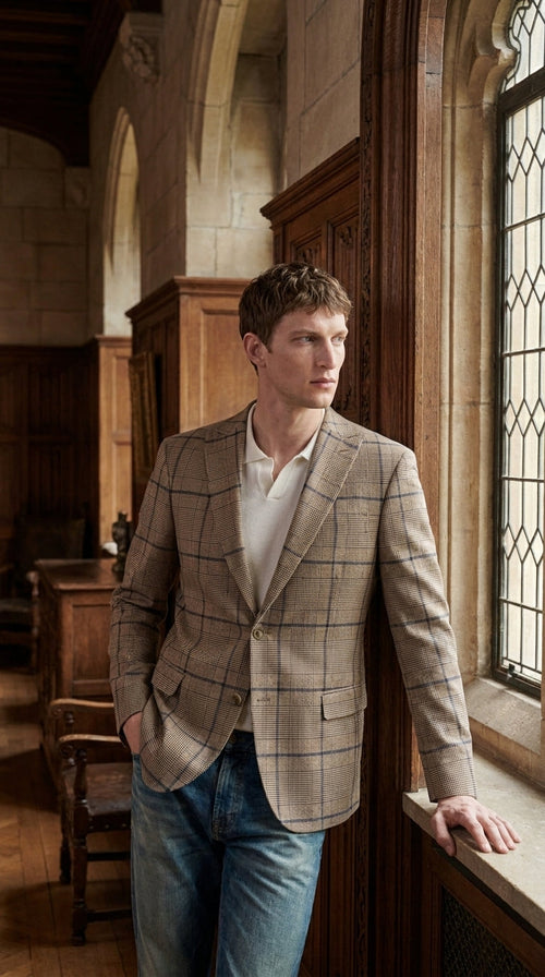 Men’s Tan Beige Peaky Blinders Glen Plaid Blazer English Style Textured Wool Winter Sport Coat Checkered Windowpane