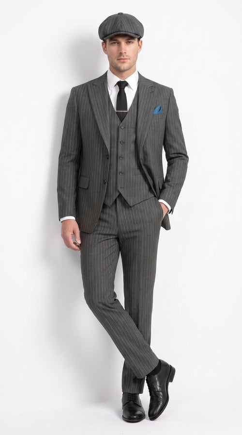 Men’s Thomas Shelby Peaky Blinders Gray Wool Suit Out fit Charcoal Grey Pinstripe 3-Piece Vintage 1920s Suit