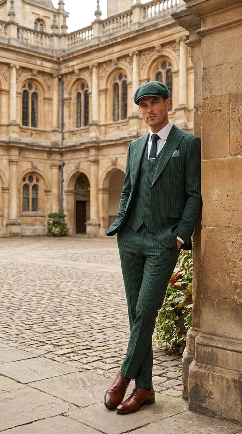 Men’s Hunter Green Pinstripe 3-Piece Suit – Vintage Wedding, Prom and Formal Suit with Matching Vest