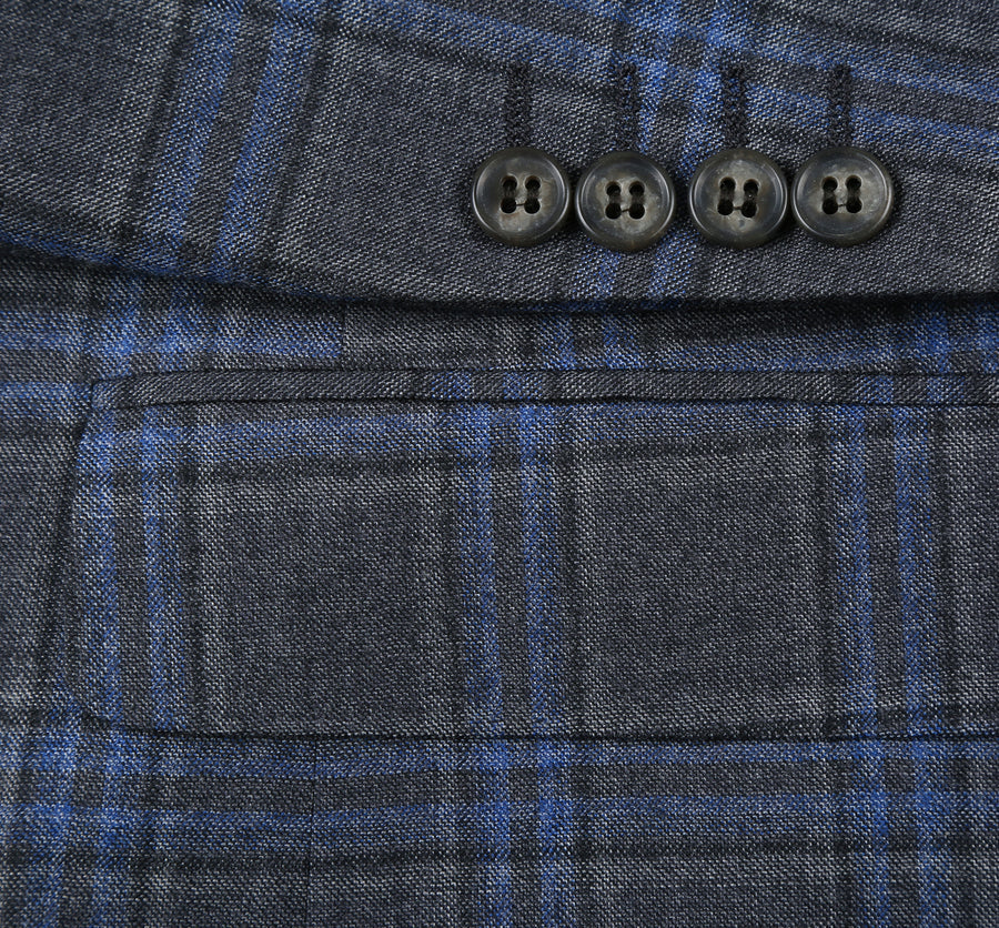 "Classic Fit Men's Wool Suit - Two Button Vested in Grey & Blue Windowpane Plaid"