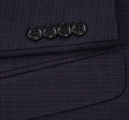 "Men's Slim Fit Two Button Suit - Black & Magenta Mini Check"