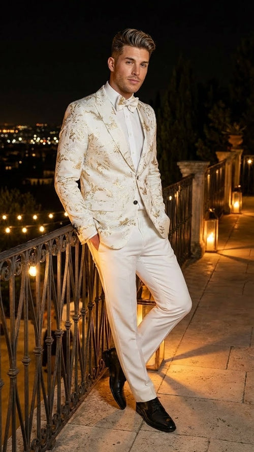 Mens White and Gold Patterned Blazer Paisley Floral Pattern Prom Wedding Suit Tuxedo Dinner Jacket + Bowtie