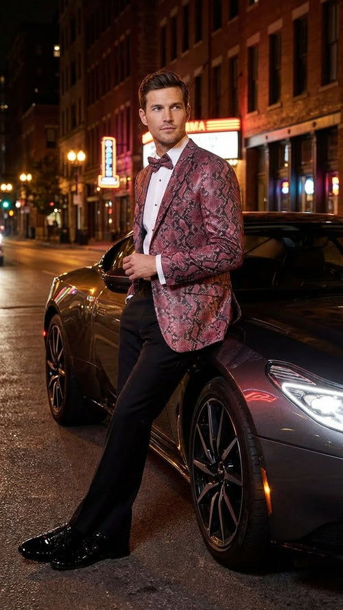 Mens Burgundy and Black Snakeskin Print Blazer Alligator Crocodile Sport Jacket Exotic Skin