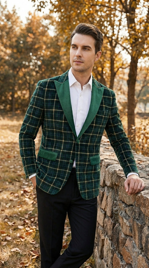 Mens Tartan Green and Gold Check Blazer – Windowpane Plaid Sport Coat Velvet Lapel Plaid Christmas Holiday New Year Jacket