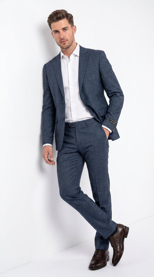 Men's Blue Micro Check Hounstooth small windowpane plaid 3-Piece Suit β Vested Slim Fit Business, Wedding & Formal Suit