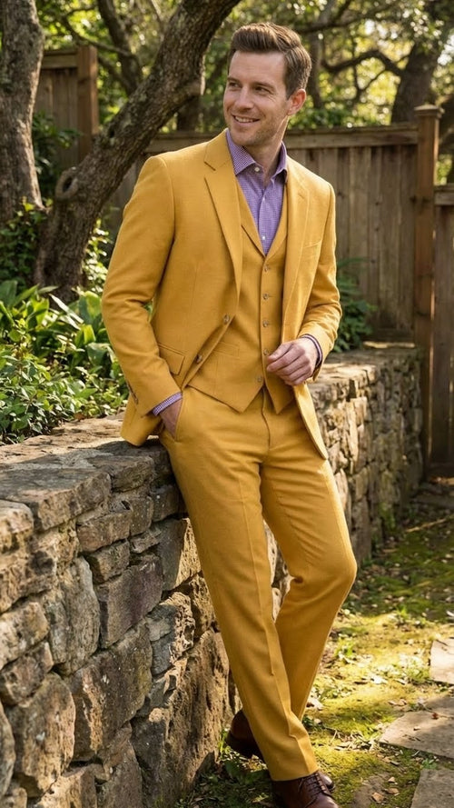 Mens Mustard Yellow Three Piece Suit | 2 Button Notch Lapel Modern Fit in Gold Color - Church Suit