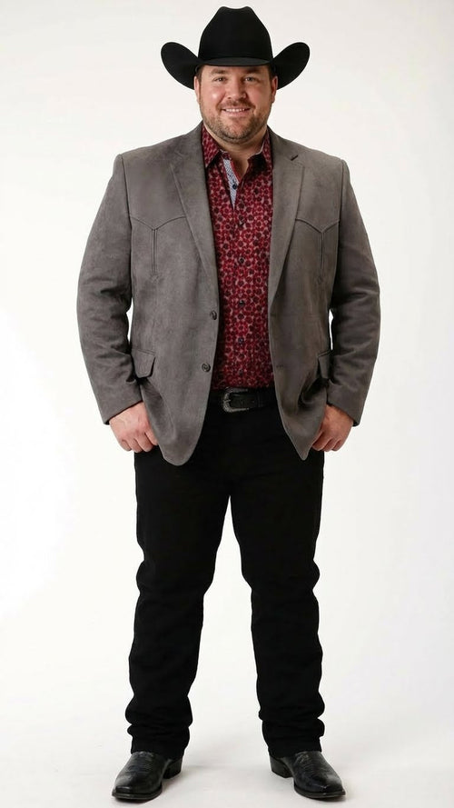 Mens Charcoal Gray Western Faux Suede Blazer Double Button Cowboy Jacket for Wedding & Party Wear