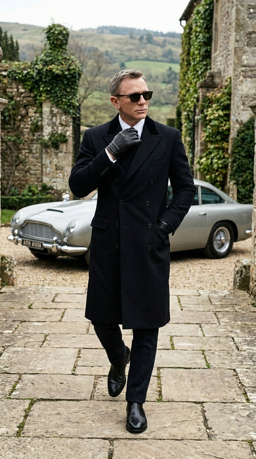 Men’s Black Double Breasted Overcoat, James Bond Inspired Long Formal Coat for Weddings, Business Events, Parties, and Winter Occasions