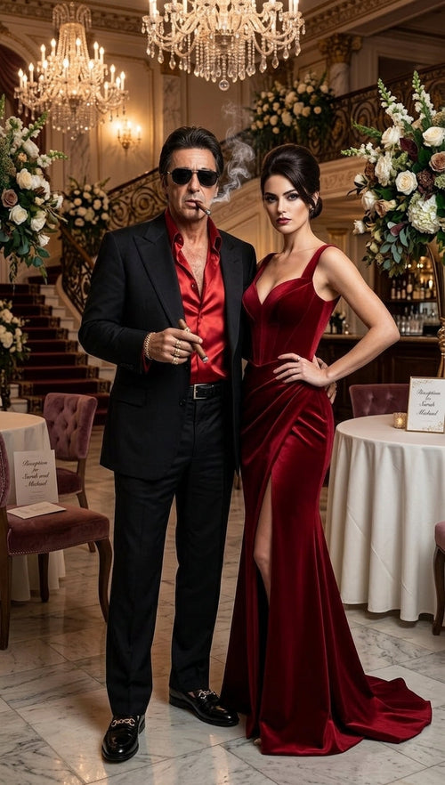 Tony Montana’s Black Blazer with Red Sateen Shirt – Men’s Black Formal Blazer and Red Satin Style Shirt Outfit for Party, Wedding and Vintage Wear