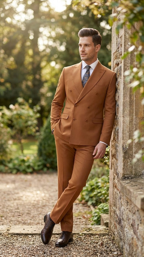 Mens Vitali Brand Rustish Orange Brown Copper Color Double Breasted Slim Fit Suit
