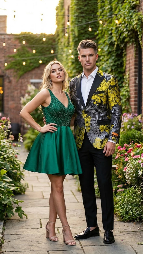 Mens Yellow Tuxedo Black and Gold Floral Pattern Blazer | Formal Jacket - Prom Dinner Jacket + Black Pants + Bowtie