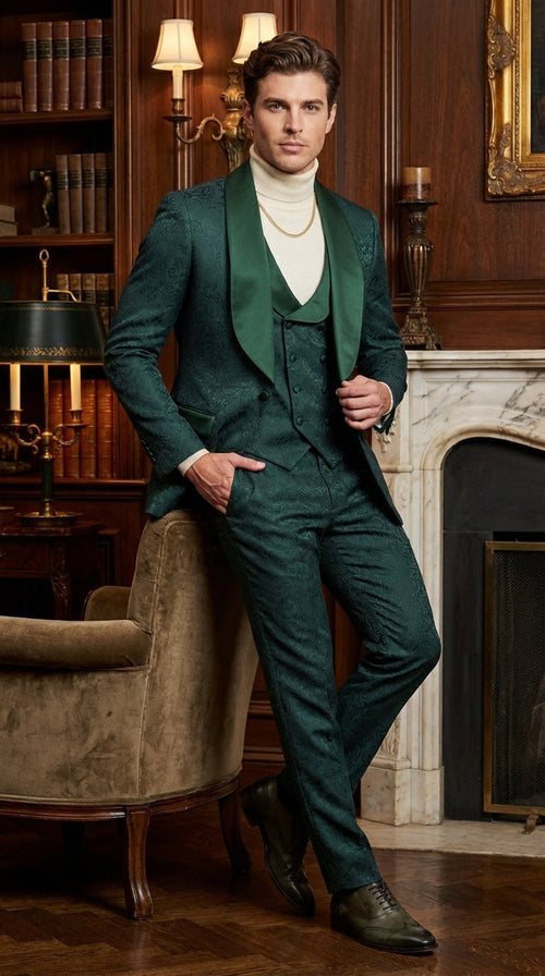 Mens Hunter Green Wedding Tuxedo Suit β Paisley Pattern Three Piece Formal Suit Set with Shawl Lapel for Groom, Prom in Emerald green