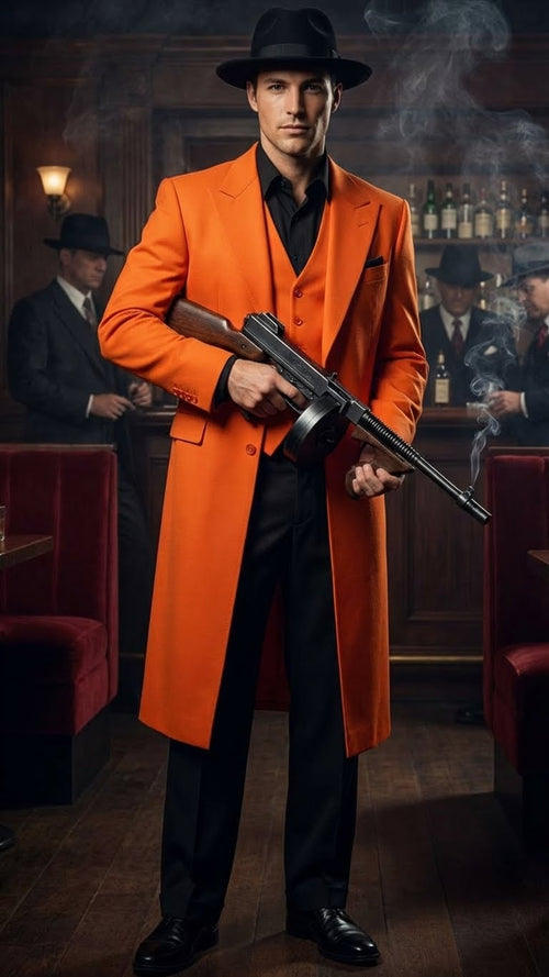 Mens halloween Costume Orange Long Zoot Suit Set With Black Shirt and Black Pants included