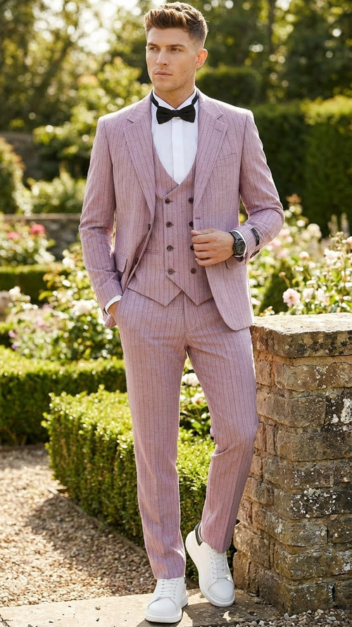 Mens Dusty Rose Pink Pinstripe Three Piece Suit with Vest | Wedding and Party Formal Wear Prom or Church Suit