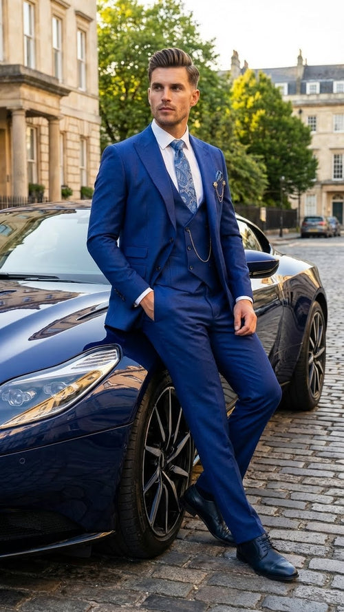 Mens Royal Blue 3 Piece Suit Set with Vest Formal Wedding and Party Wear Suit - Saphire Cobalt blue