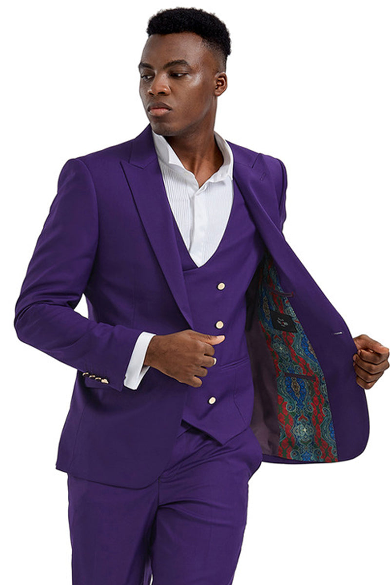 "Men's Purple Vested Suit with Gold Buttons - One Button Peak Lapel"