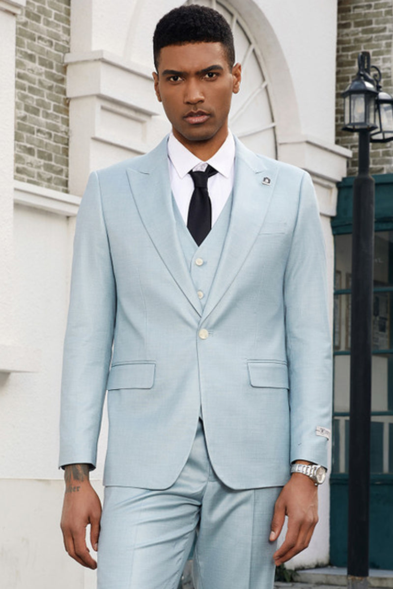 "Mens Stacy Adams Suit - Stacy Adams Suit Men's Summer Suit - Sky Blue Vested Peak Lapel" - 34 Short