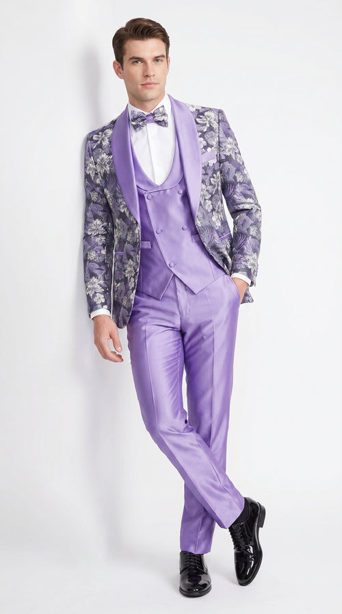 Men’s Lilac Lavender Prom Suit – Floral Shawl Lapel 3 Piece Tuxedo with Matching Vest and Pants