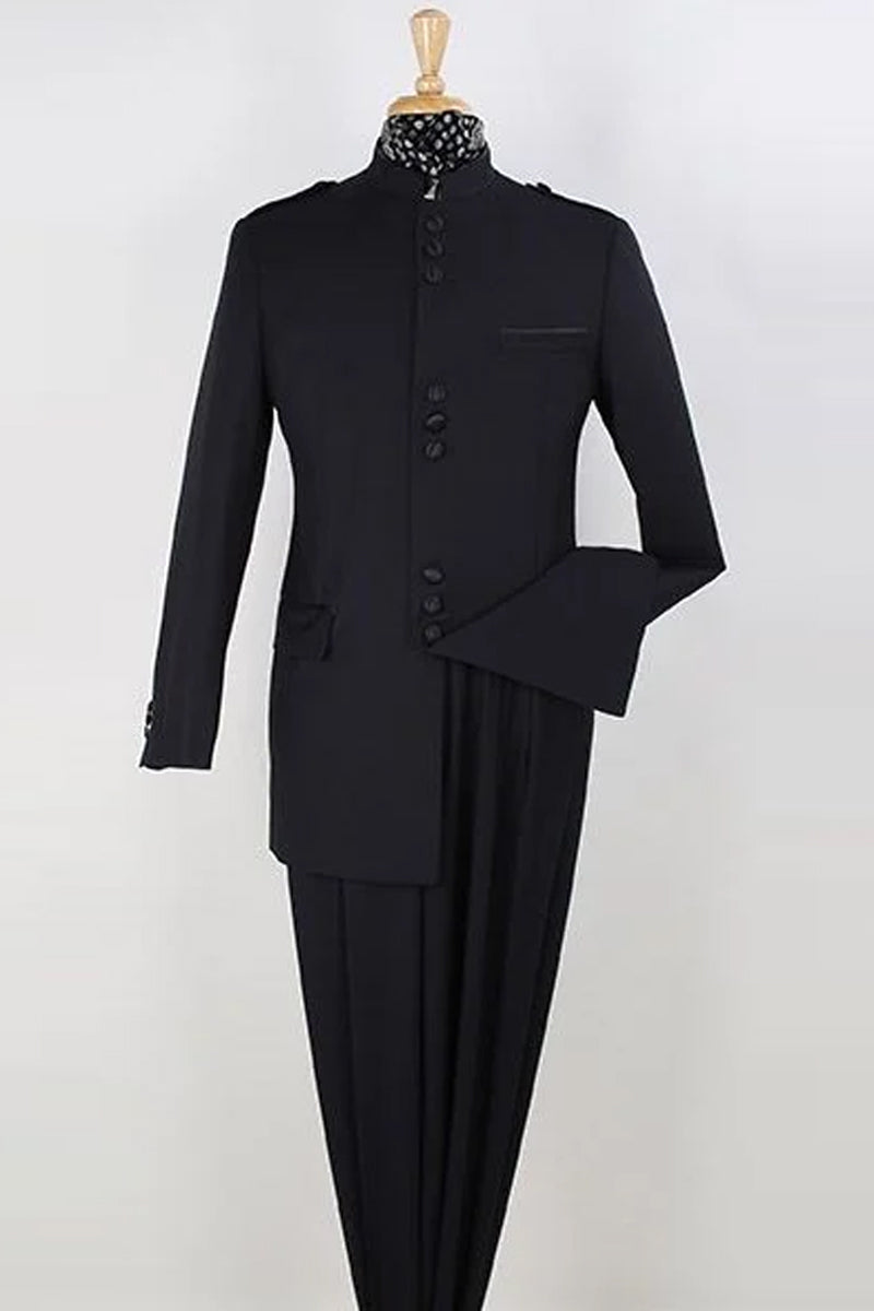 "Black Classic Military Mandarin Safari Suit for Men" - 34 Regular