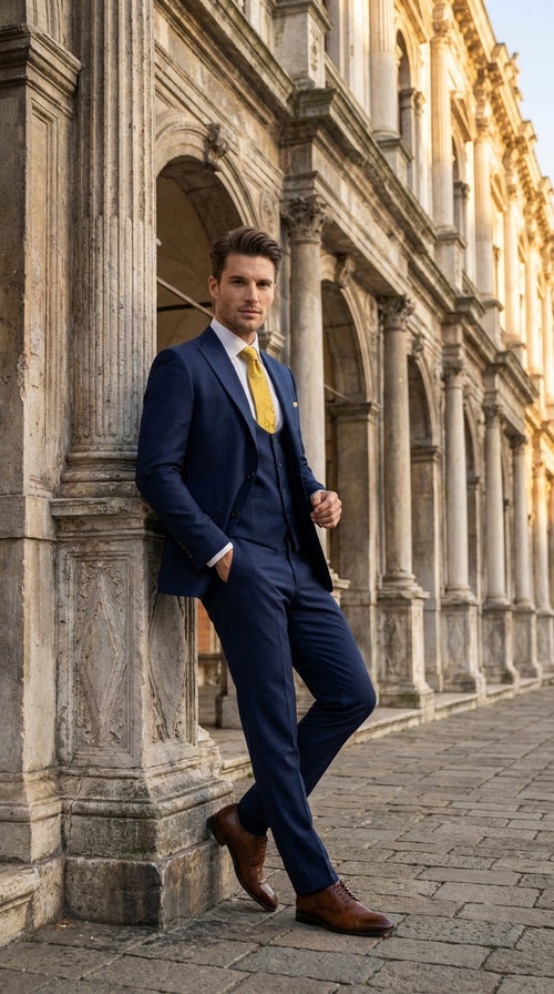 Mens Vitali 3 Piece Suit W/Scoop Vest Navy Blue 3-Piece Suit – Big Peak Lapel Vest and Pants Modern Fit Two Buttons
