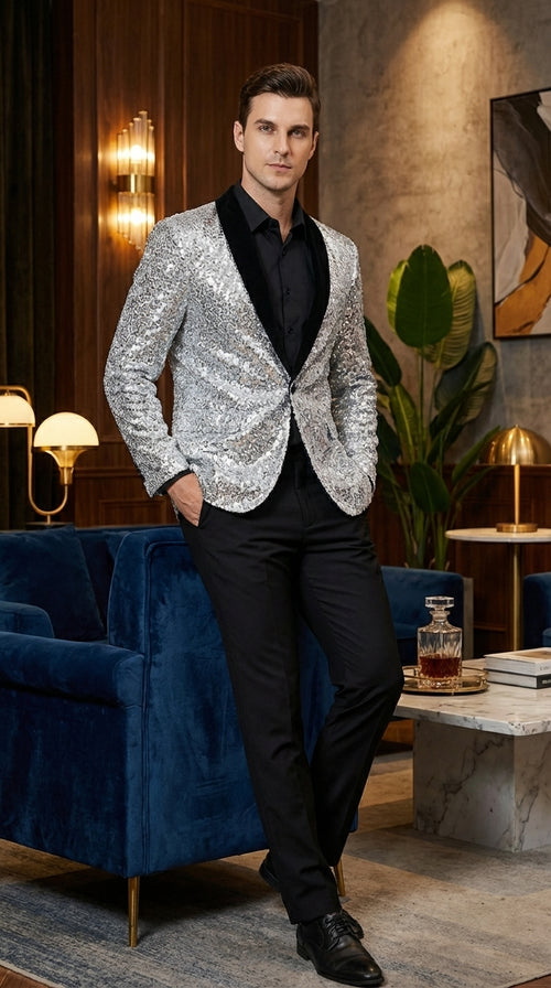 Men’s Silver Sequin Blazer Disco Style Jacket – Black Lapel Party Blazer, Shiny Evening Wear, 70s Dance Outfit, Formal Event Jacket