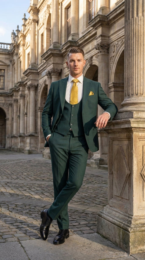 Mens Vitali 3 Piece Suit W/Scoop Vest Hunter Green 3-Piece Suit –, Big Peak Lapel Vest and Pants Modern Fit Two Buttons