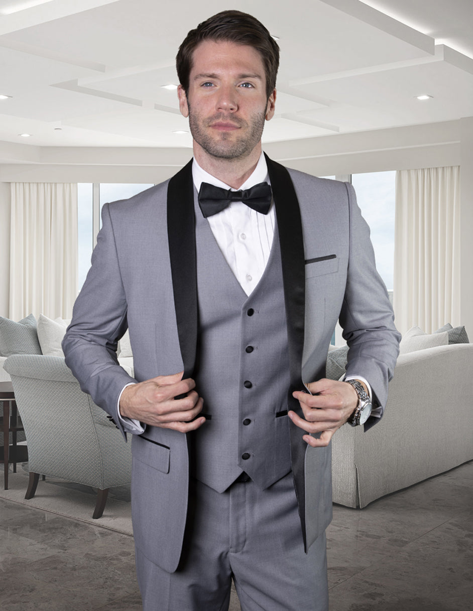 Mens Wool One Button Modern Fit Vested Shawl Tuxedo in Grey & Black - 36 Short