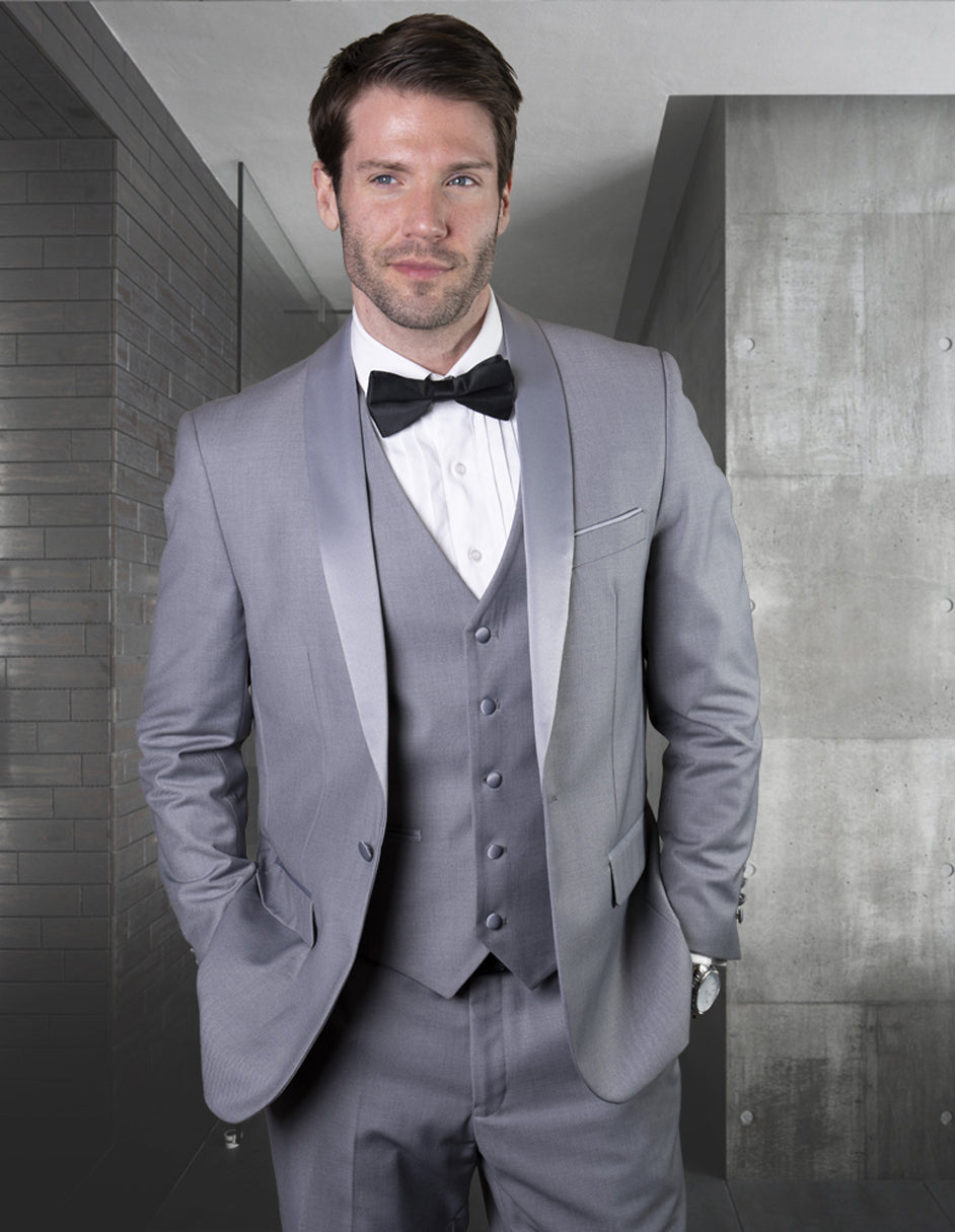 Mens Wool One Button Modern Fit Vested Shawl Tuxedo in Grey - 50 Long