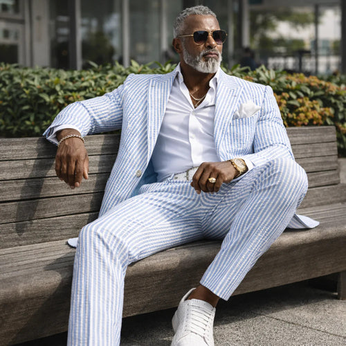 Mens Premium Cotton Seersucker Stripe Suit β Light Blue