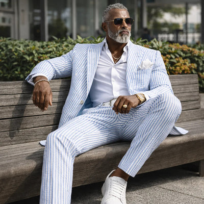 Mens Premium Cotton Seersucker Stripe Suit – Light Blue